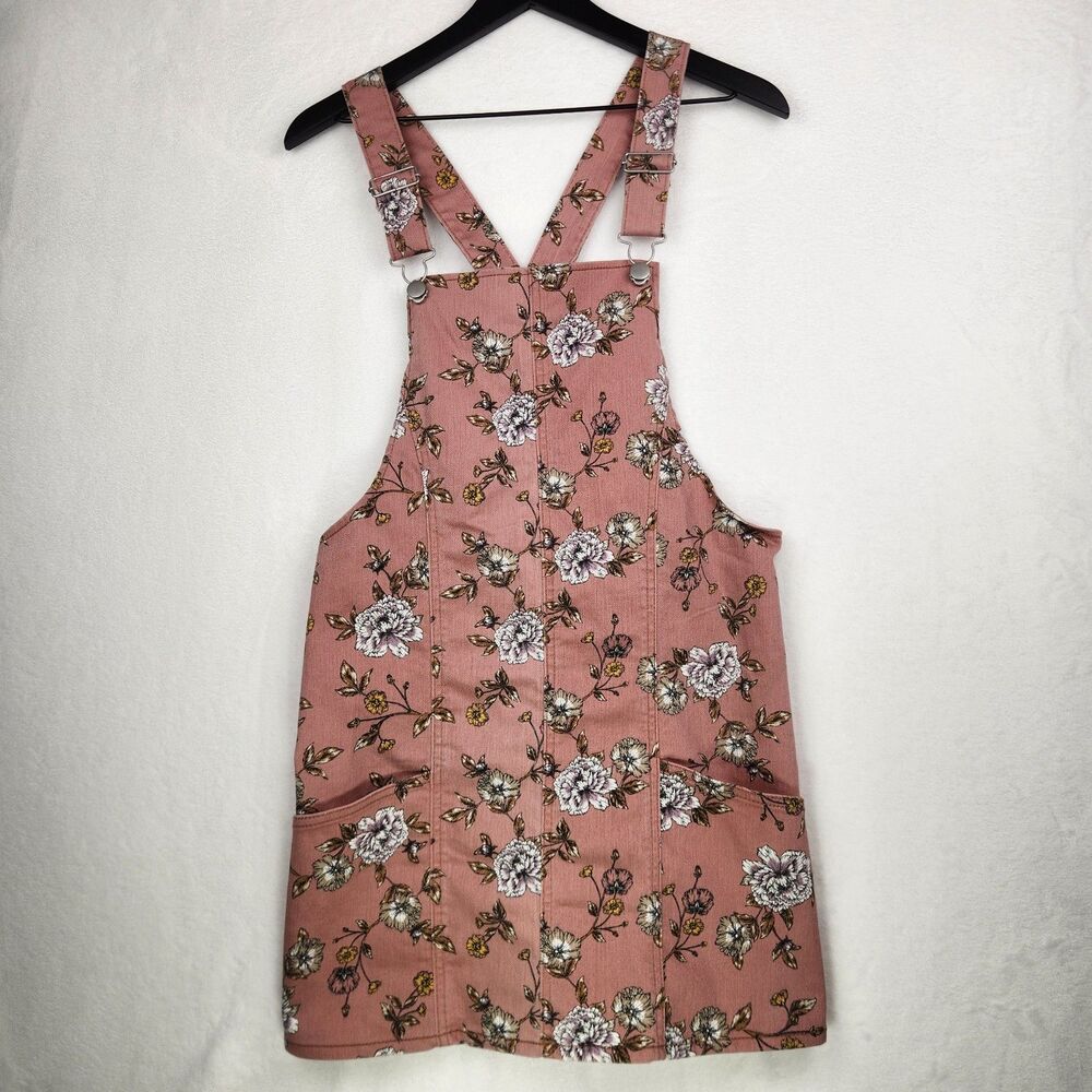 NOBO Pink Floral Denim Short Overall Dress Medium Boho Feminine Cottage Western